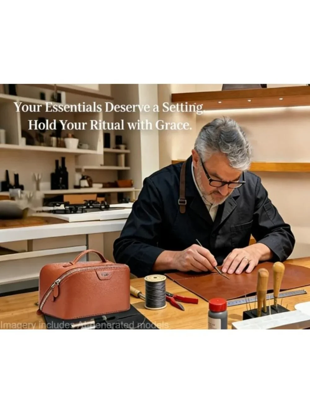 Handmade Genuine Leather Travel Makeup Bag Set - 3 Pcs Cosmetic Organizer